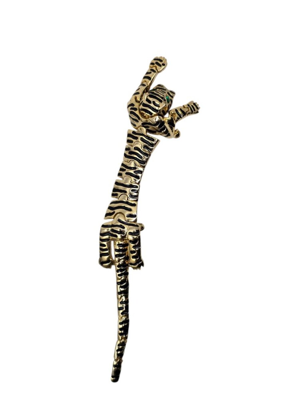 Vintage Articulated Tiger Jaguar Brooch Pin Green Rhinestone Eyes